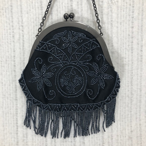 Preston & York Beaded Evening Bag Clutch Purse with Chain Strap and Fringe Black - Picture 1 of 7